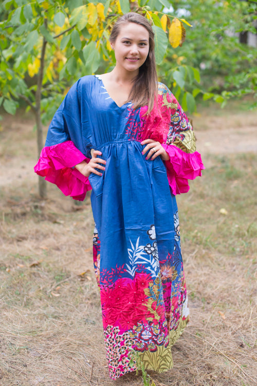 Dark Blue Pretty Princess Style Caftan in Vibrant Foliage Pattern