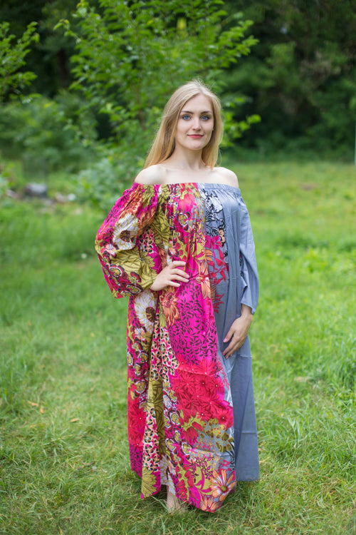 Gray Serene Strapless Style Caftan in Vibrant Foliage Pattern