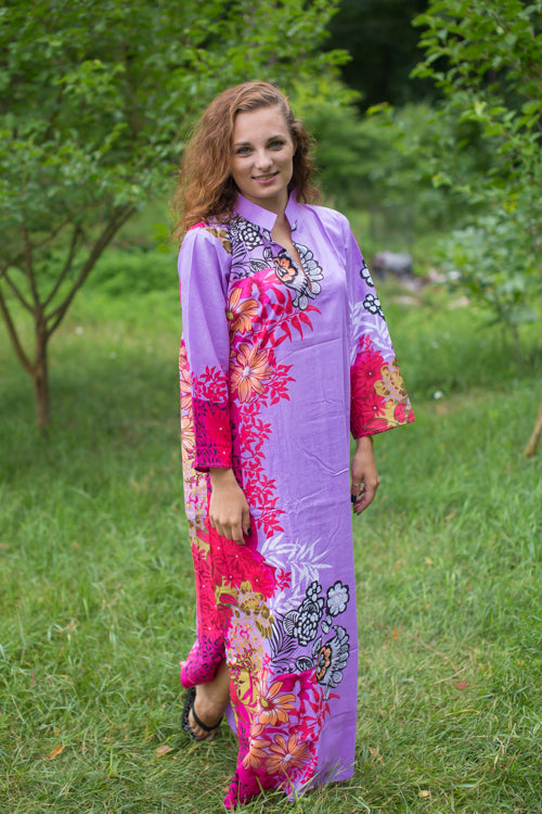 Lilac Mandarin On My Mind Style Caftan in Vibrant Foliage Pattern