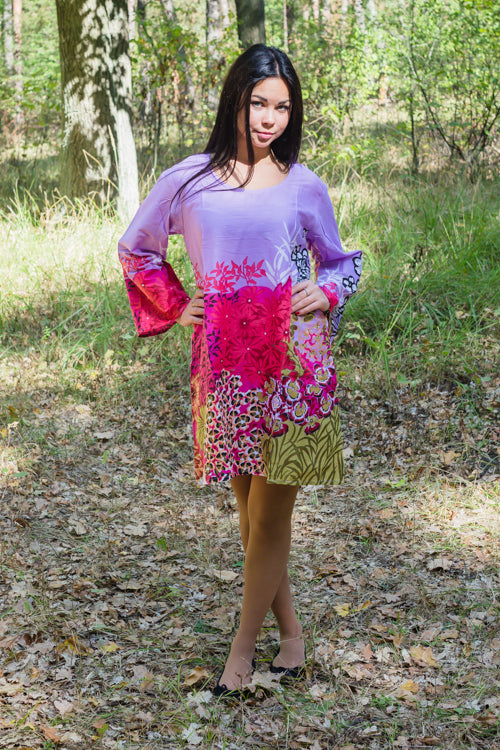Lilac Bella Tunic Style Caftan in Vibrant Foliage Pattern