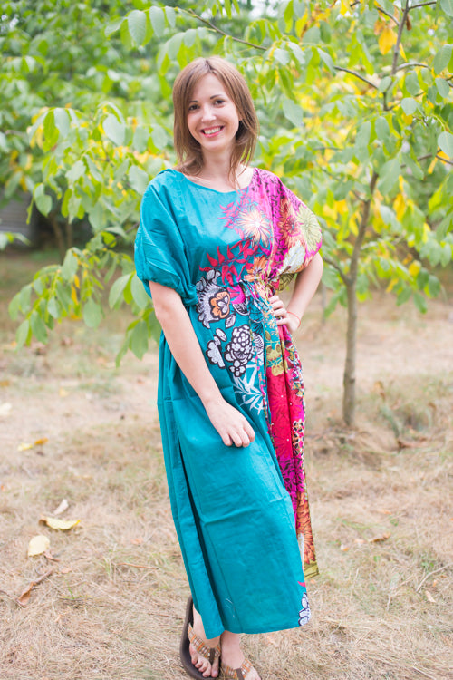 Teal Cut Out Cute Style Caftan in Vibrant Foliage Pattern