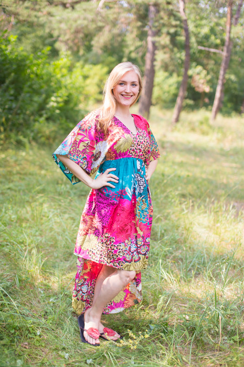 Teal High Low Wind Flow Style Caftan in Vibrant Foliage Pattern