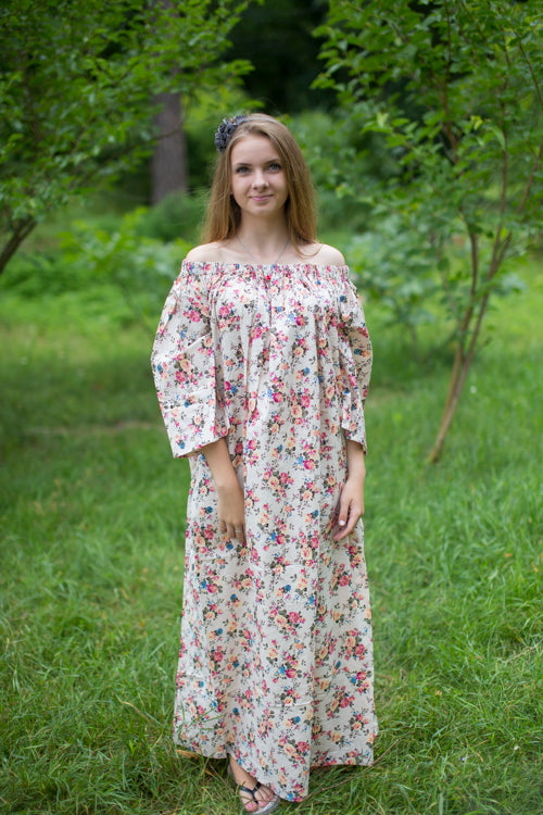 Cream Serene Strapless Style Caftan in Vintage Chic Floral Pattern