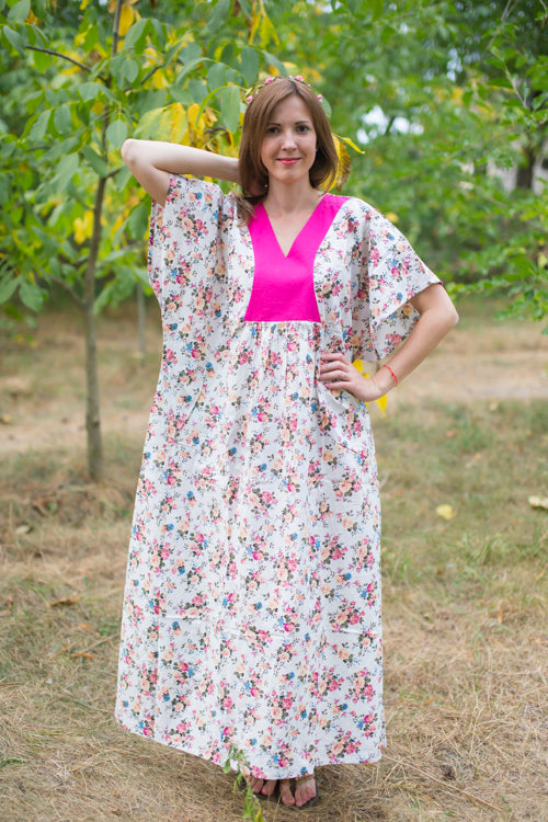 White Flowing River Style Caftan in Vintage Chic Floral Pattern