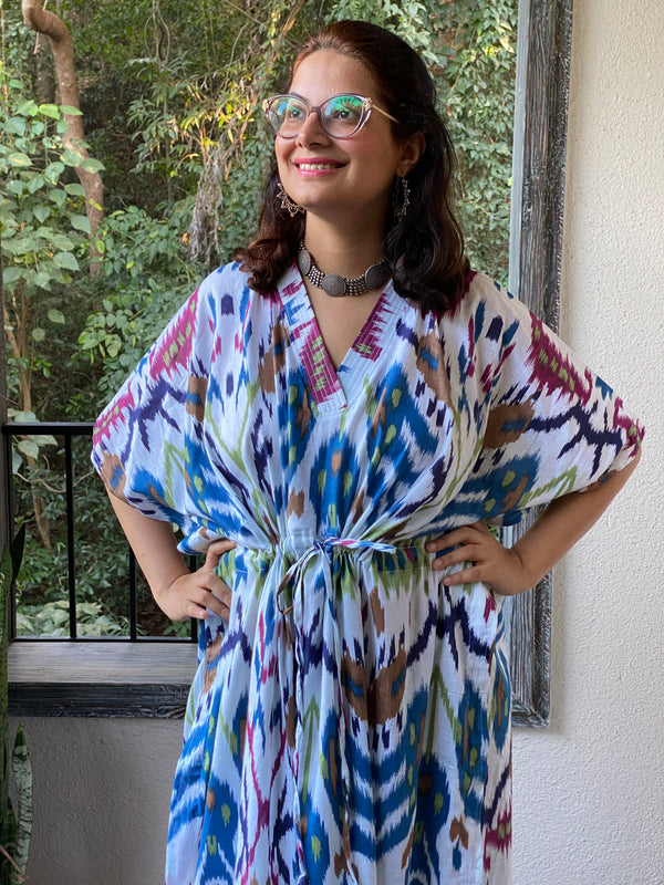 Ikat Aztec V-Neck, Cinched Waist Ankle Length Caftan