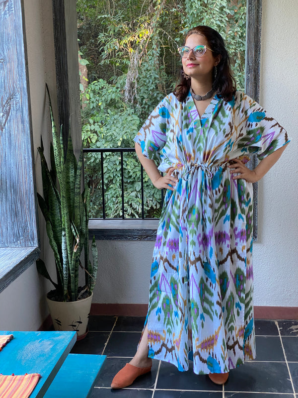 Ikat Aztec V-Neck, Cinched Waist Ankle Length Caftan
