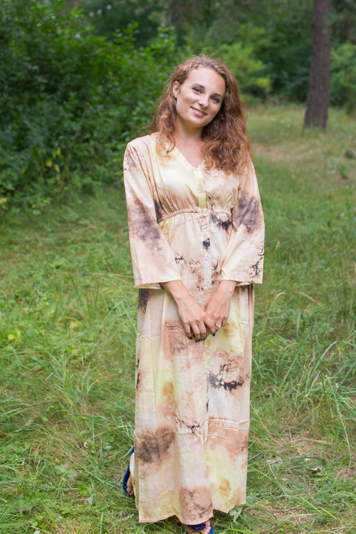 Beige Button Me Down Style Caftan in Watercolor Splash Pattern