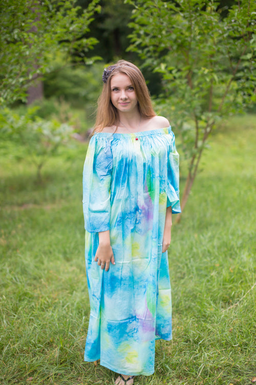 Blue Serene Strapless Style Caftan in Watercolor Splash Pattern
