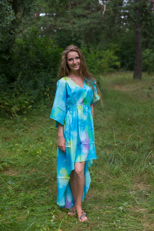 Blue High Low Wind Flow Style Caftan in Watercolor Splash Pattern