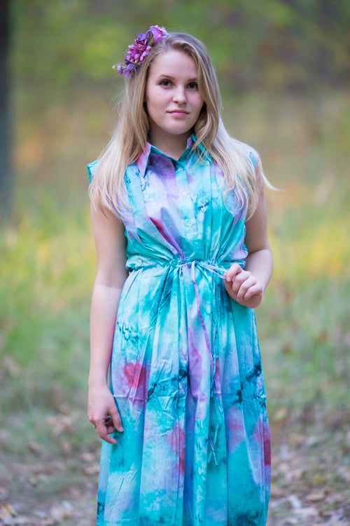 Teal Cool Summer Style Caftan in Watercolor Splash Pattern