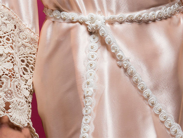 Light Peach/Apricot Satin Robe with Lace Accented Cuff