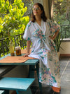 Blooming Flowers V-Neck, Cinched Waist Ankle Length Caftan