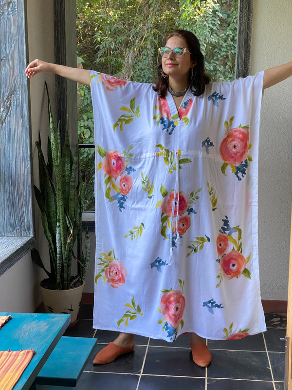 Smiling Blooms V-Neck, Cinched Waist Ankle Length Kaftan