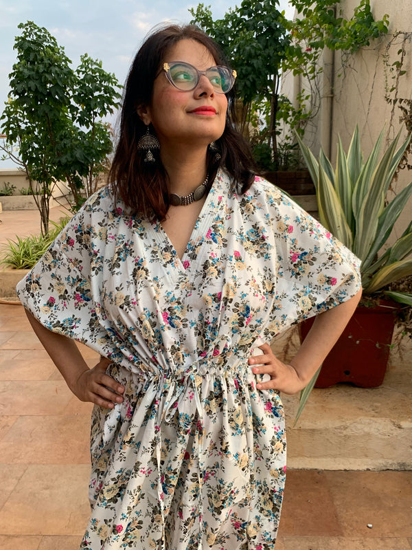 Vintage Floral Chic V-Neck, Cinched Waist Ankle Length Kaftan