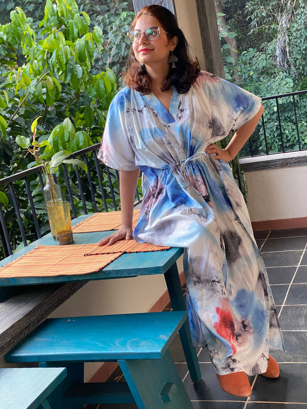 Watercolor Splash V-Neck, Cinched Waist Ankle Length Kaftan