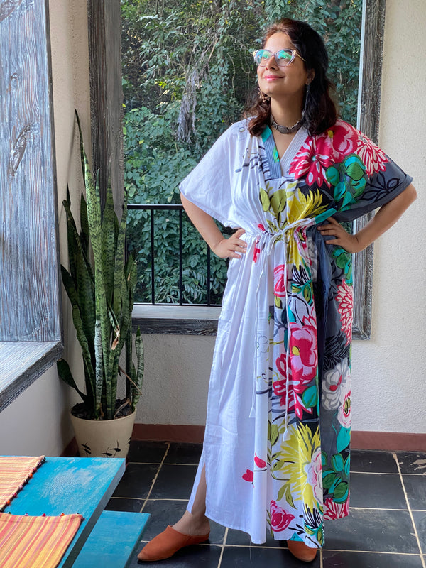 Jungle of Flowers V-Neck, Cinched Waist Ankle Length Caftan