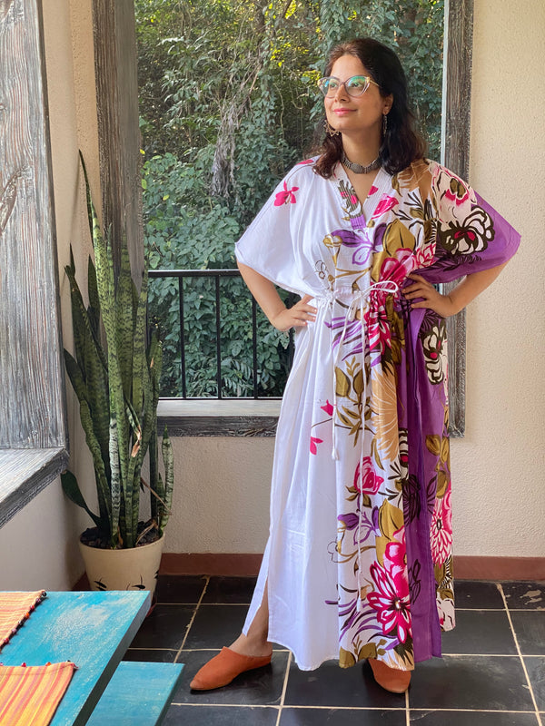 Jungle of Flowers V-Neck, Cinched Waist Ankle Length Kaftan