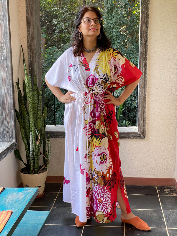 Jungle of Flowers V-Neck, Cinched Waist Ankle Length Caftan