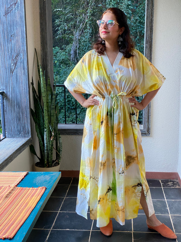 Watercolor Splash V-Neck, Cinched Waist Ankle Length Kaftan