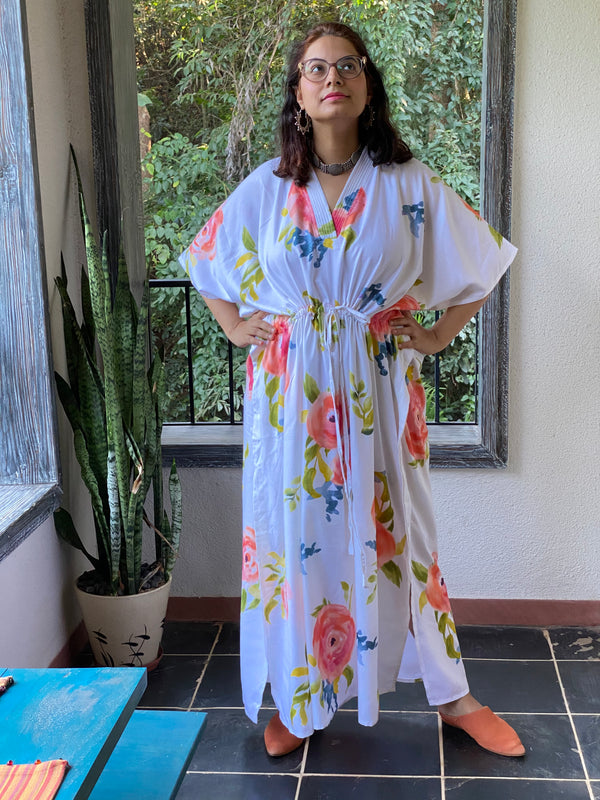 Smiling Blooms V-Neck, Cinched Waist Ankle Length Kaftan