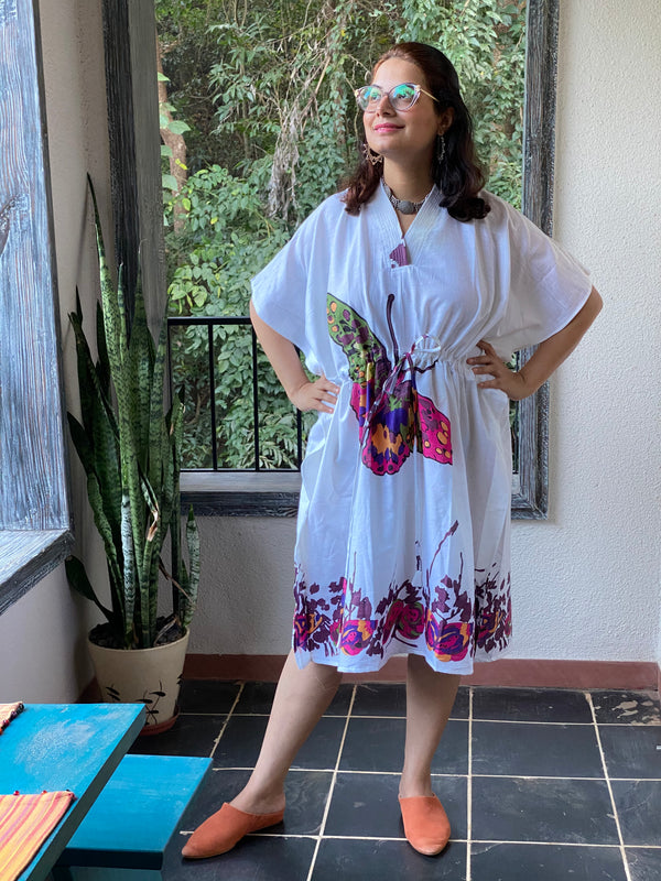 Big Butterfly V-Neck, Knee Length, Cinched Waist Caftan