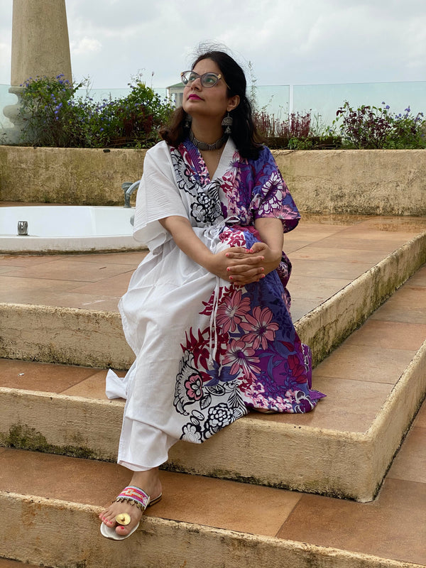 Vibrant Foliage V-Neck, Cinched Waist Ankle Length Caftan