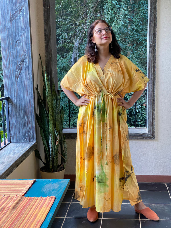 Watercolor Splash V-Neck, Cinched Waist Ankle Length Kaftan