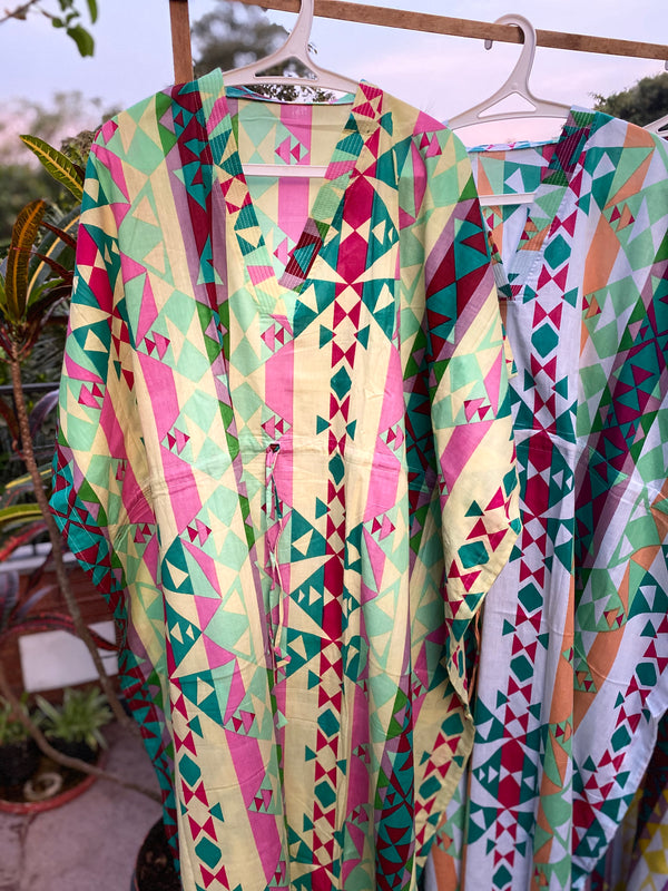 Diamond Aztec V-Neck, Cinched Waist Ankle Length Kaftan