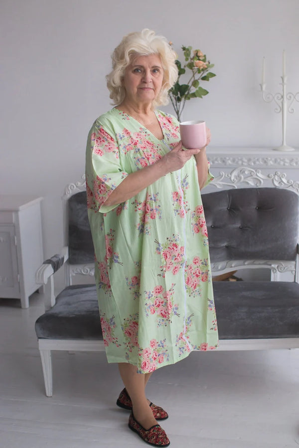 Zip in Front Housecoats for Elderly People - Faded Flowers Pattern
