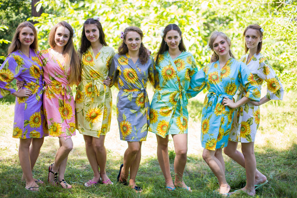 Mismatched Sunflower Sweet Patterned Bridesmaids Robes in Soft Tones