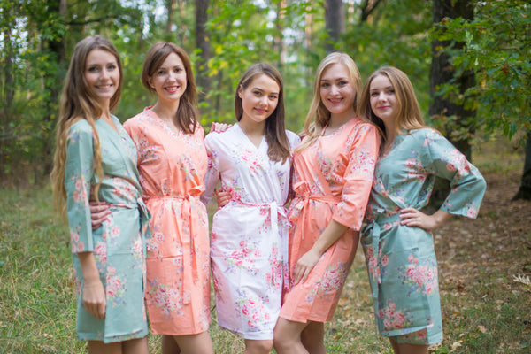 Grayed Jade & Peach Wedding Colors Bridesmaids Robes, Kimono Robes