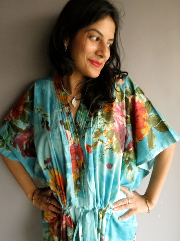 Blue Large Floral Blossom V-Neck Button Down to Waist, Ankle Length, Cinched Waist Caftan