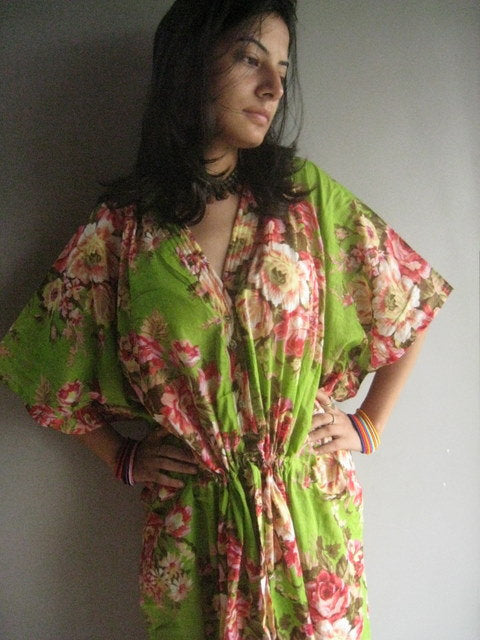 Green Floral Rosy Red Posy V-Neck Button Down to Waist, Ankle Length, Cinched Waist Caftan-A5 fabric Code