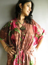 Brown Fuchsia Large Floral Blossom V-Neck Button Down to Waist, Ankle Length, Cinched Waist Caftan
