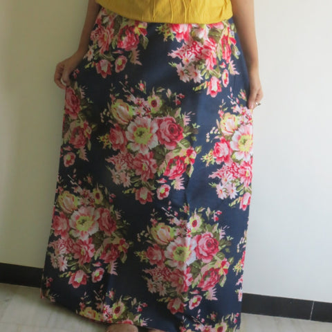 Dark Blue Floral Wrap Around Skirt