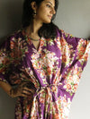 Purple Floral V-Neck Button Down to Waist, Ankle Length, Cinched Waist Caftan