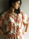 White Floral Posy V-Neck Button Down to Waist, Ankle Length, Cinched Waist Caftan-C7 fabric Code
