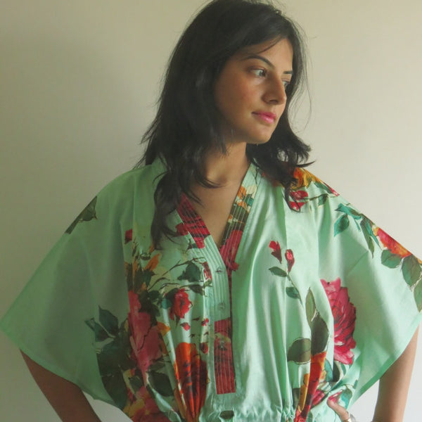 Mint Big Floral V-Neck Button Down to Waist, Ankle Length, Cinched Waist Caftan