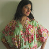Mint Floral Rosy Red Posy V-Neck Button Down to Waist, Ankle Length, Cinched Waist Caftan