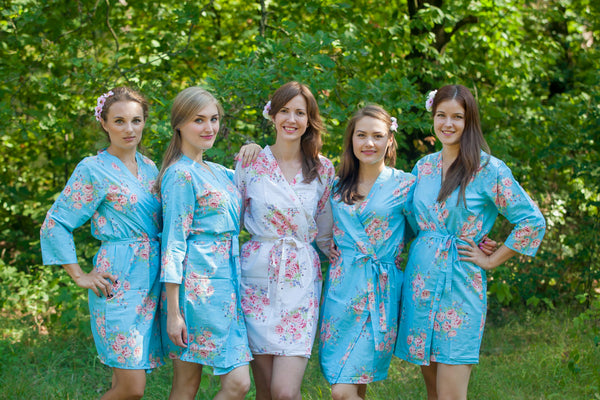 Blue Faded Flowers Pattern Bridesmaids Robes
