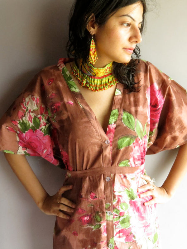 Brown Fuchsia Flowers V-Neck Full Button Down, Knee Length, Belted Caftan-E4 fabric Code