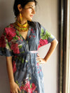 Gray Fuchsia Large Floral Blossom V-Neck Full Button Down, Ankle Length, Belted Caftan