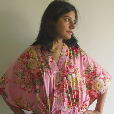 Pink Floral Rosy Red Posy V-Neck Button Down to Waist, Ankle Length, Cinched Waist Caftan