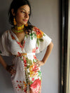 WhiteMulticolor Big Flower V-Neck Button Down to Waist, Knee Length, Cinched Waist Caftan