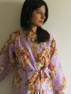 Lilac Floral Knee Length, Kimono Crossover Belted Robe