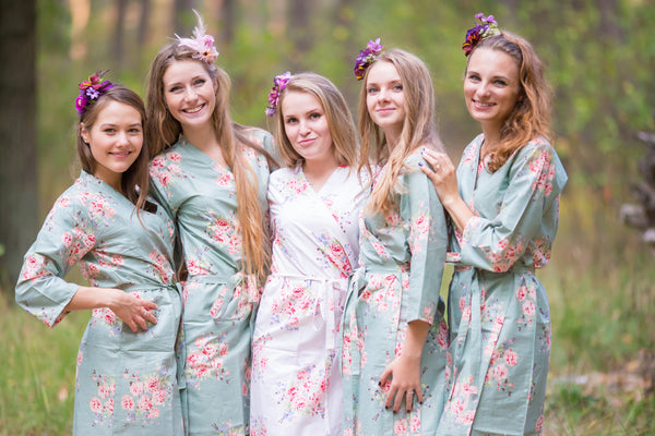 Faded Flowers Pattern Bridesmaids Robes|Grayed Jade Faded Flowers Pattern Bridesmaids Robes|Faded Flowers
