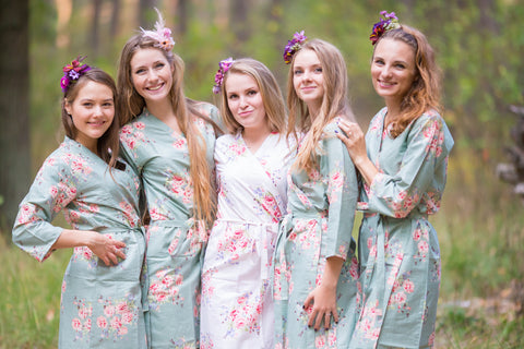 Grayed Jade Faded Flowers Pattern Bridesmaids Robes
