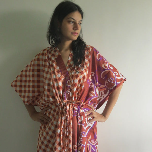 Brown Plaid V-Neck Button Down to Waist, Ankle Length, Cinched Waist Caftan