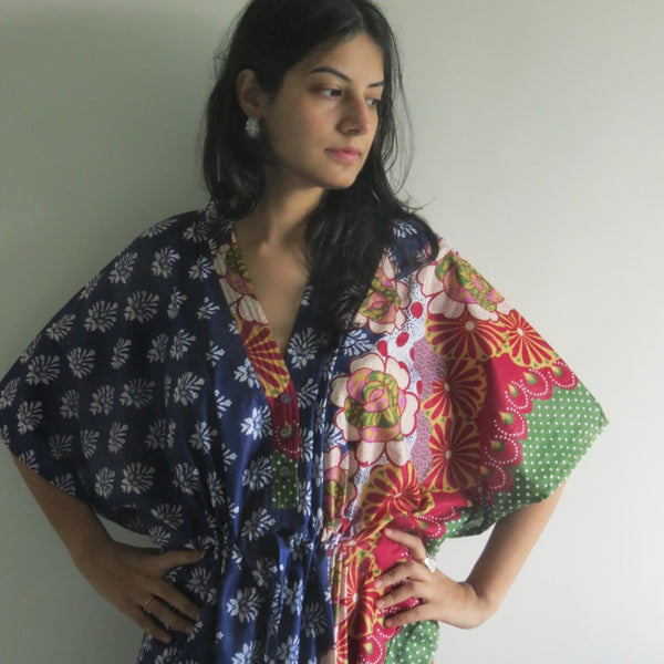 Blue Floral Bordered V-Neck Button Down to Waist, Ankle Length, Cinched Waist Caftan
