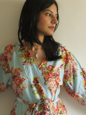 Light Blue Floral Knee Length, Kimono Crossover Belted Robe